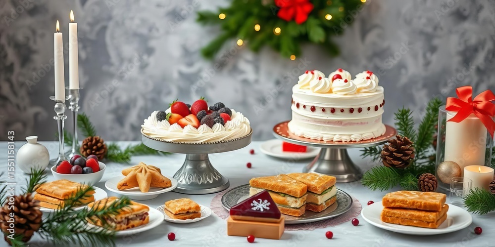 Fototapeta premium Elegant Christmas dessert table with cake and pastries, sweet treats, whipped cream