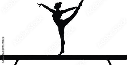 Female gymnast performing balance pose on beam silhouette, strength, flexibility, artistic expression, elegant movement, athletic girl, vector illustration, black and white art