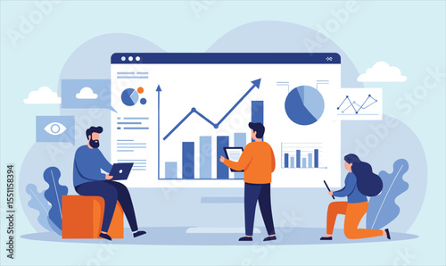  Business Data Analysis and Strategic Growth: Team Examining Financial Charts, Market Trends, and Online Reports for Informed Decision Making and Success.