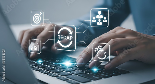 Businessman typing on laptop with recap concept and business icons illustrating analysis and goals
