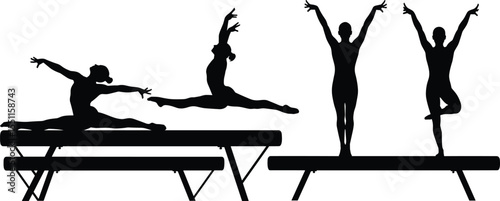 Female gymnasts performing on balance beam, gymnastics silhouette, athletic women, strength, flexibility, graceful routine, acrobatic performance, artistic movement, synchronized balance, 