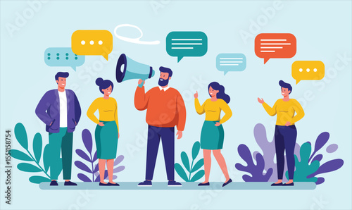 Marketing Communication and Public Relations: Man with Megaphone Announcing News to Diverse Group, Representing Effective Outreach and Information Dissemination.