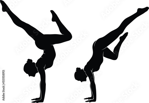 Silhouette of athletic women performing handstand gymnastics pose, body balance, fitness workout, yoga strength, flexibility training, isolated on white background, female gymnasts in action