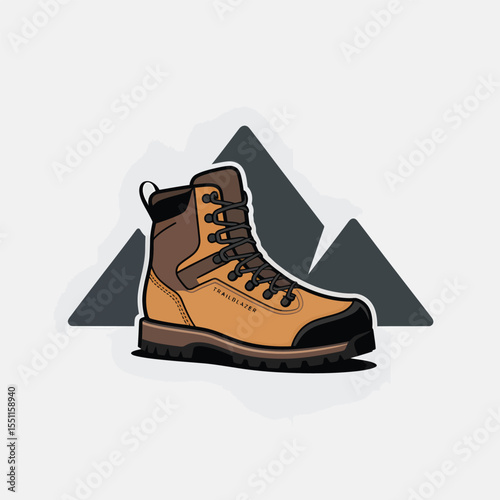 Tan and Brown Hiking Boot Trailblazer Brand Logo Against Gray Mountain Graphic Illustration footwear