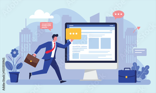 Dynamic Business Communication and Digital Workflow: Businessman Interacting with Large Computer Screen, Showcasing Online Platforms for Rapid Growth.