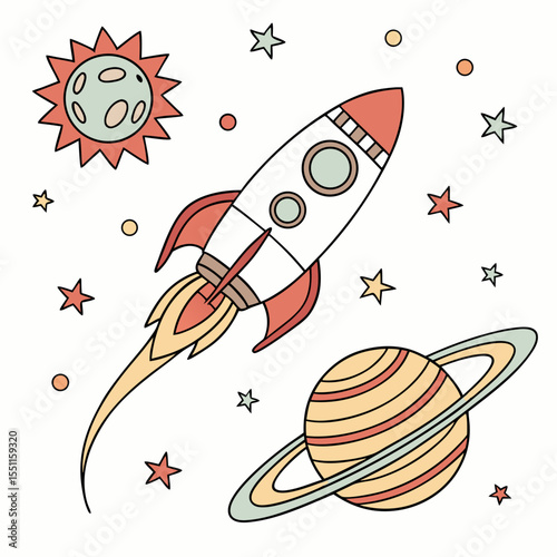 Whimsical journey: Hand-drawn rocket ship soaring through cosmic illustrations