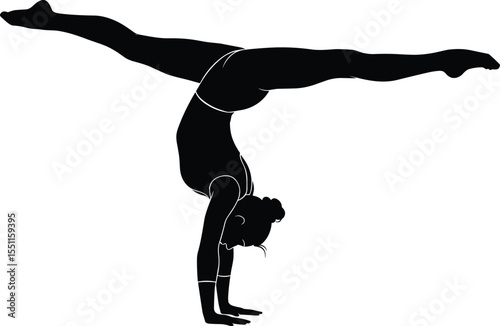 Silhouette female gymnast handstand pose, athletic balance strength, acrobatic girl in motion, flexibility, gymnastic performance, black vector art, fitness pose, body control