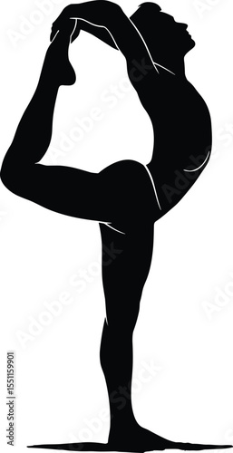 Silhouette of woman in advanced yoga pose, standing on one leg, stretching back, flexibility, balance, fitness, calm, healthy lifestyle, isolated on white background