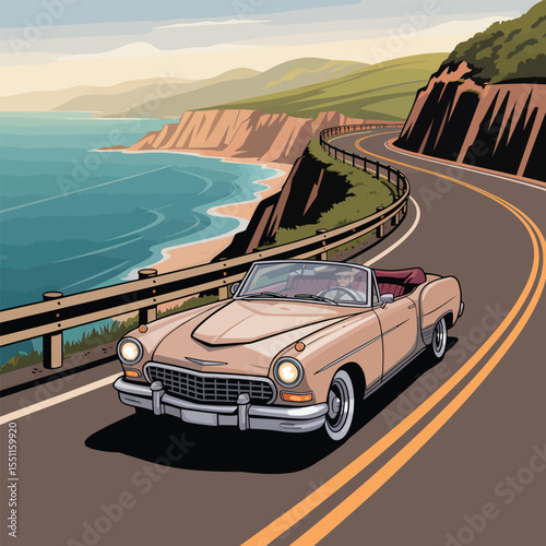 Tan Classic Convertible Car Driving Scenic Coastal Highway Ocean View Cliffs Road Trip Summer Vacation Travel Illustration