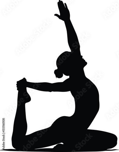 Silhouette of woman practicing yoga pose, stretching on mat, healthy lifestyle, flexibility, fitness, body balance, wellness, calm energy, peaceful posture, isolated background