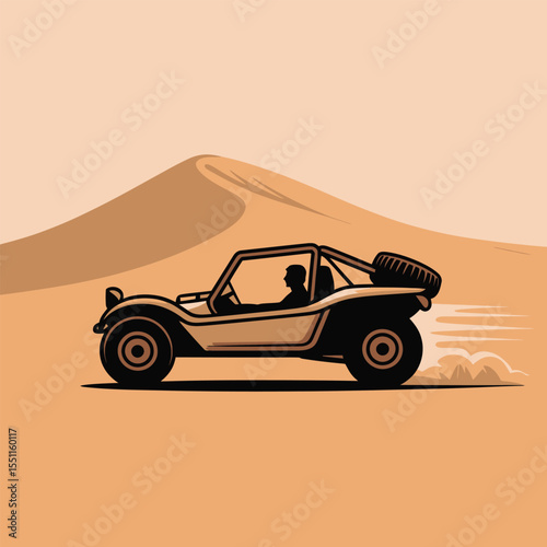 Tan Dune Buggy Driving Across Desert Sand Dune Two Silhouetted People Inside Vehicle Beige Sand Landscape Background