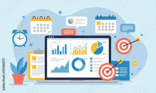 Business Performance Tracking and Goal Achievement: Laptop Displaying Data Analytics, Charts, Targets, Calendars, and Planning Tools for Strategic Management.