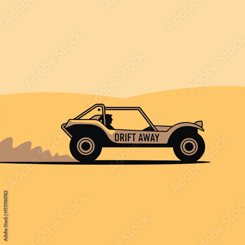 Tan Dune Buggy Driving Across Sandy Desert Landscape Drift Away Text on Side Silhouette of Driver Inside Vehicle Yellow Sand Dunes Background Minimalist Style Illustration