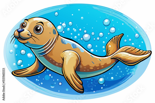 Sea Lion Swimming Underwater with Bubbles Trail on white isolated background vector perfect for ocean life themes and designs