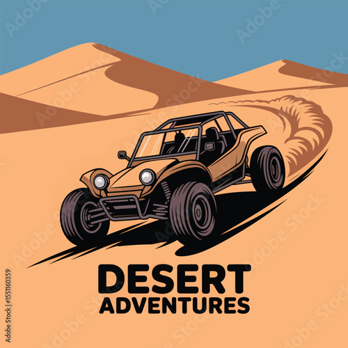 Tan Dune Buggy Speeding Across Desert Sand Dunes Under a Light Blue Sky Desert Adventures Text Below