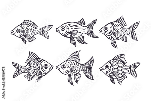 Set of Hand Drawn Fish Illustrations. Black and White Sketch Style Freshwater Fish Collection Clipart Vector Illustration on White Background