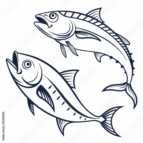 Elegant stylized monochrome depiction showcases two dynamic fish silhouettes