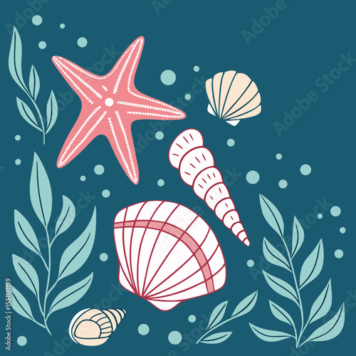 Stylized marine illustration showcasing sea life against a teal backdrop