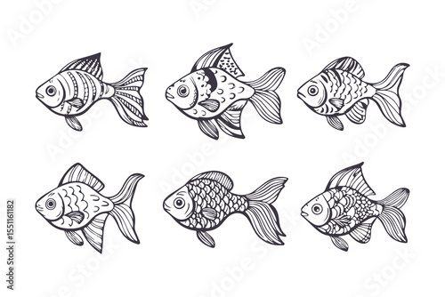 Set of Hand Drawn Fish Illustrations. Black and White Sketch Style Freshwater Fish Collection Clipart Vector Illustration on White Background