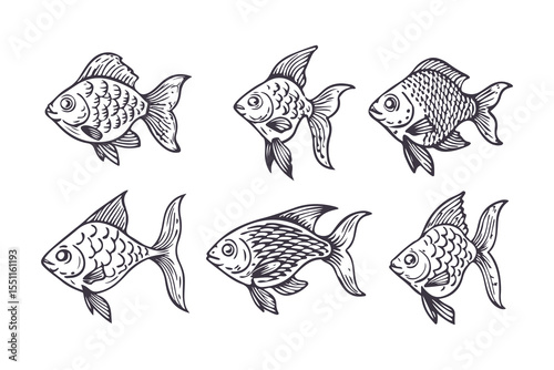 Set of Hand Drawn Fish Illustrations. Black and White Sketch Style Freshwater Fish Collection Clipart Vector Illustration on White Background