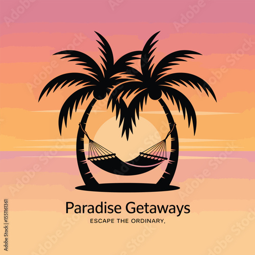 Silhouette of Two Palm Trees Framing a Hammock at Sunset Over a Calm Ocean Paradise Getaways Escape the Ordinary