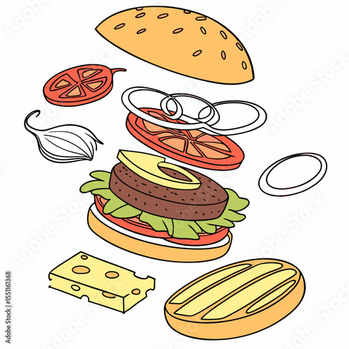 Deconstructed burger illustration showcasing ingredients in floating layers style