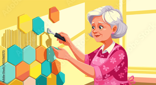 Senior Woman Installing Hexagonal Tiles, Home Improvement Project