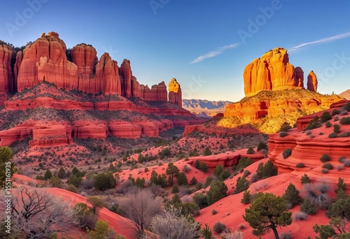 Crimson, ochre, and rust-hued Sedona mesas bathed in sunlight,  majestic,  light