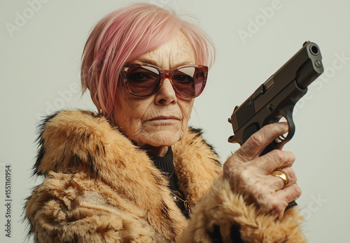Elderly woman with pink hair, sunglasses, and fur coat holding a handgun with a serious expression, adding an element of danger.