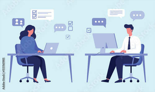 Online Communication and Productivity: Colleagues Collaborating, Chatting, and Managing Tasks on Computers, Highlighting Efficient Digital Workflow and Remote Work.