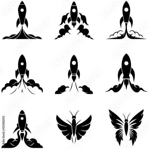 A massive asset pack of rocket silhouettes for creating diverse fleets in a real-time strategy game
