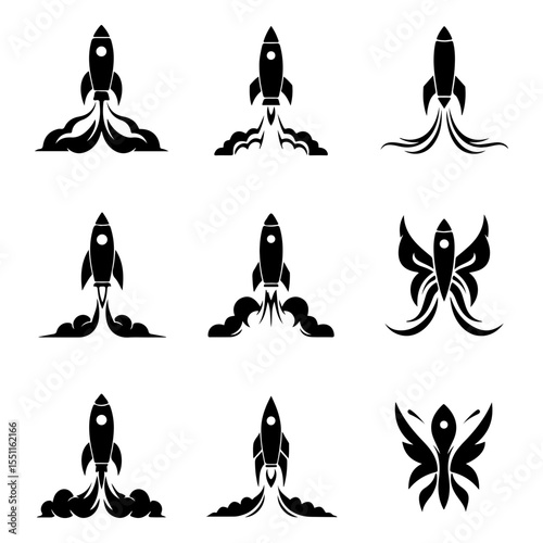 A set of minimalist rocket HUD icons for a futuristic flight simulator or sci-fi game interface