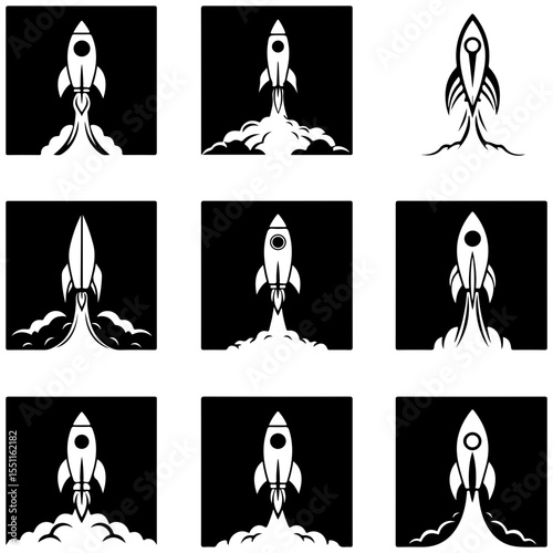 A complete sprite sheet of rocket silhouettes, perfect for a classic top-down space shooter video game