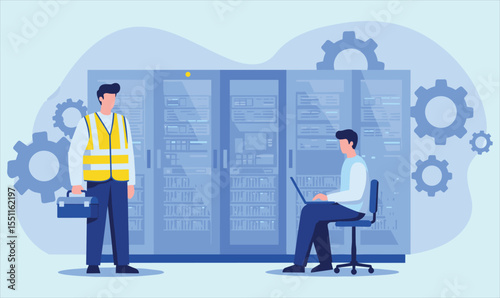 IT Infrastructure Management: System Administrator and Technician Working in a Data Center, Maintaining Servers, Ensuring Network Security and Optimal Performance.