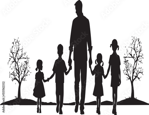  Father Walking with Four Children Holding Hands Silhouette