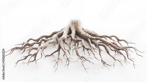 Exposed Tree Roots on White: A network of natural support & grounding; earthy tones against a stark backdrop symbolize hidden strength.