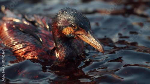 Oil-Covered Bird Struggling in Polluted Water – Symbol of Environmental Disaster


