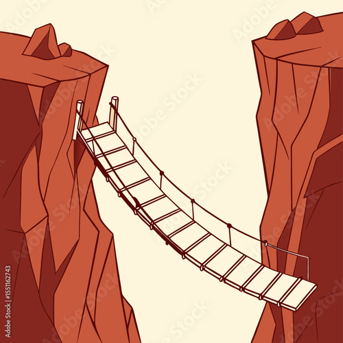 Suspension bridge illustration linking canyon cliffs offering challenge representation