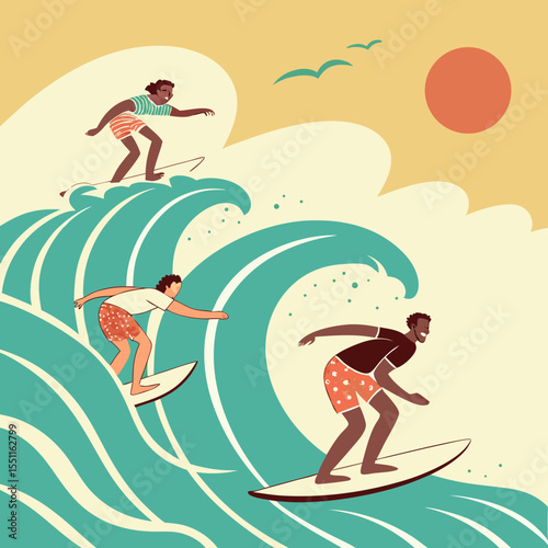 Coastal Surfing Adventure: Three Friends Enjoying the Ocean Waves Together