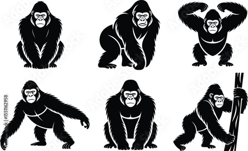 Gorilla pose silhouette vector set with sitting, flexing, climbing and walking great-ape positions for bold wildlife graphic projects