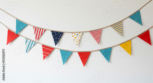Colorful flags in a bunting arrangement hanging decoratively on a wall. ai generated