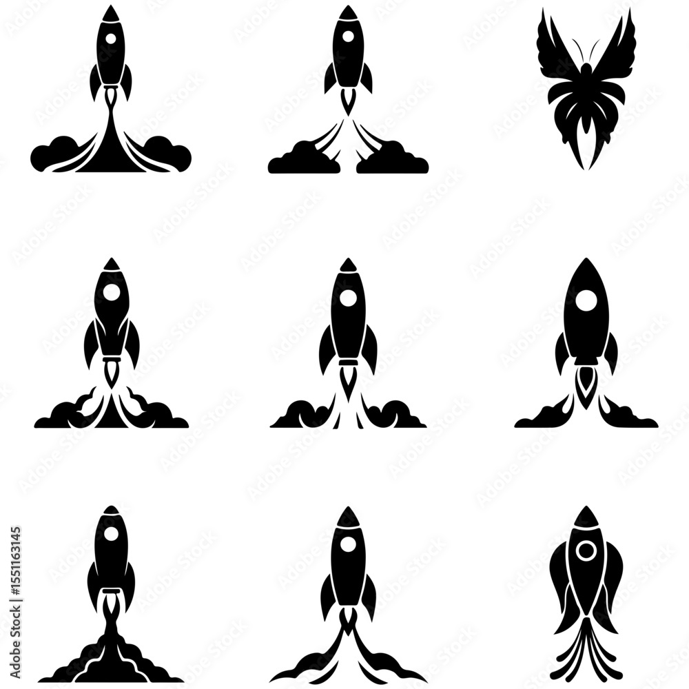 Fototapeta premium A complete set of minimalist rocket glyphs with clean vector icons for UI and web design