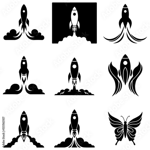 A massive assortment of clean, single-color rocket icons for modern design applications