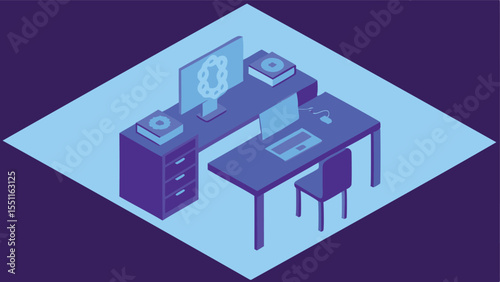 Cyber office with blockchain interface glowing abo