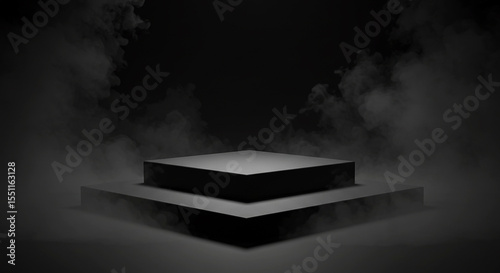 Black empty podium centered on a black background,  ai generated