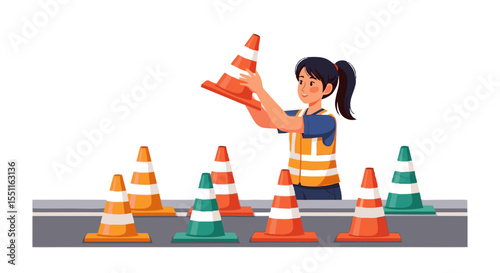 Smiling Road Worker Placing Traffic Cone Among Other Safety Cones