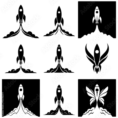 A scientific chart of aerospace vehicles, this collection includes a huge variety of rocket silhouettes