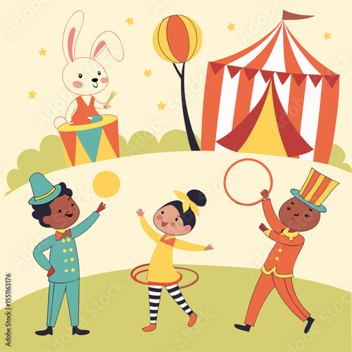 Whimsical circus scene with playful characters and festive decorations illustration