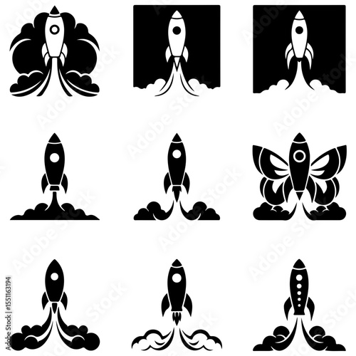 A vast assortment of vector silhouettes of rockets, satellites, and various orbital vehicle designs
