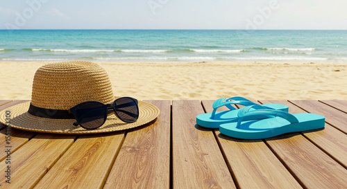 A hat, sunglasses, and flip flops arranged on a wooden table, evoking a relaxed summer vibe. ai generated
